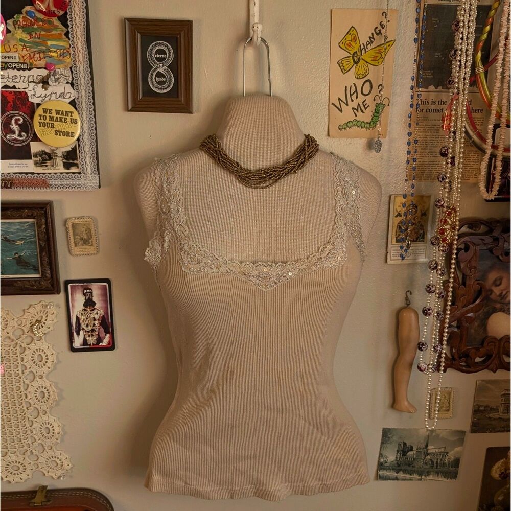 Vintage Sparkly Lace Cami Tank Top Women's Large Beige